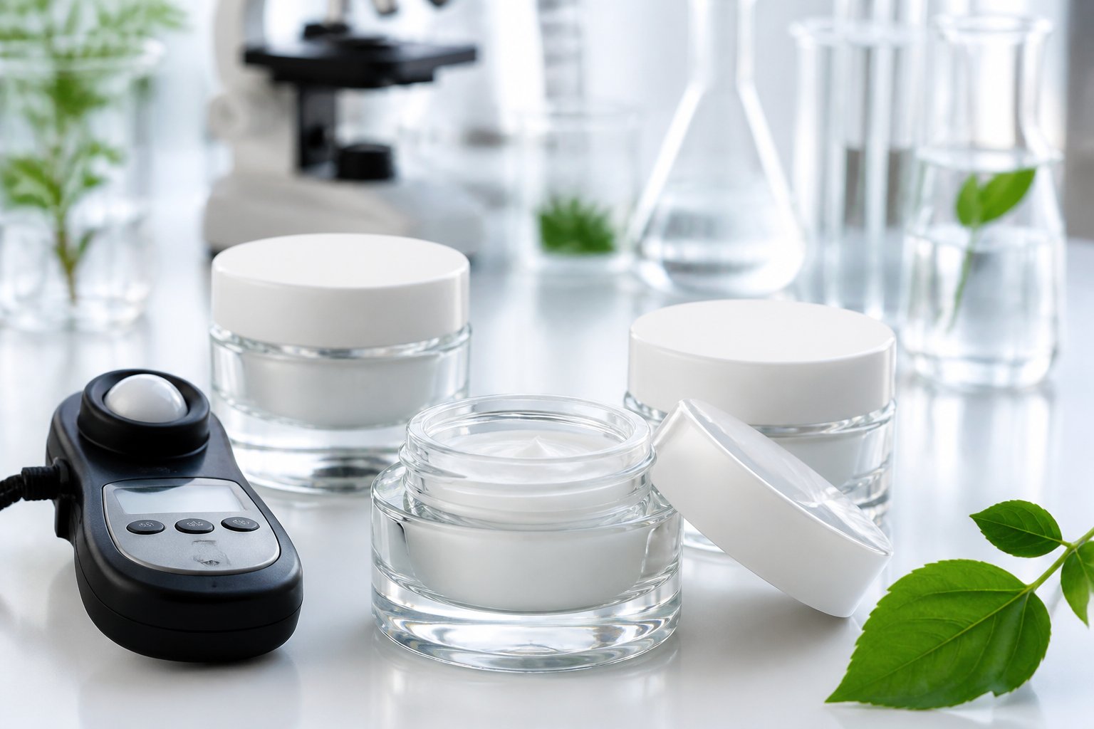Close-up of clear glass cream jars on a white surface with scientific equipment and a green leaf in the background.