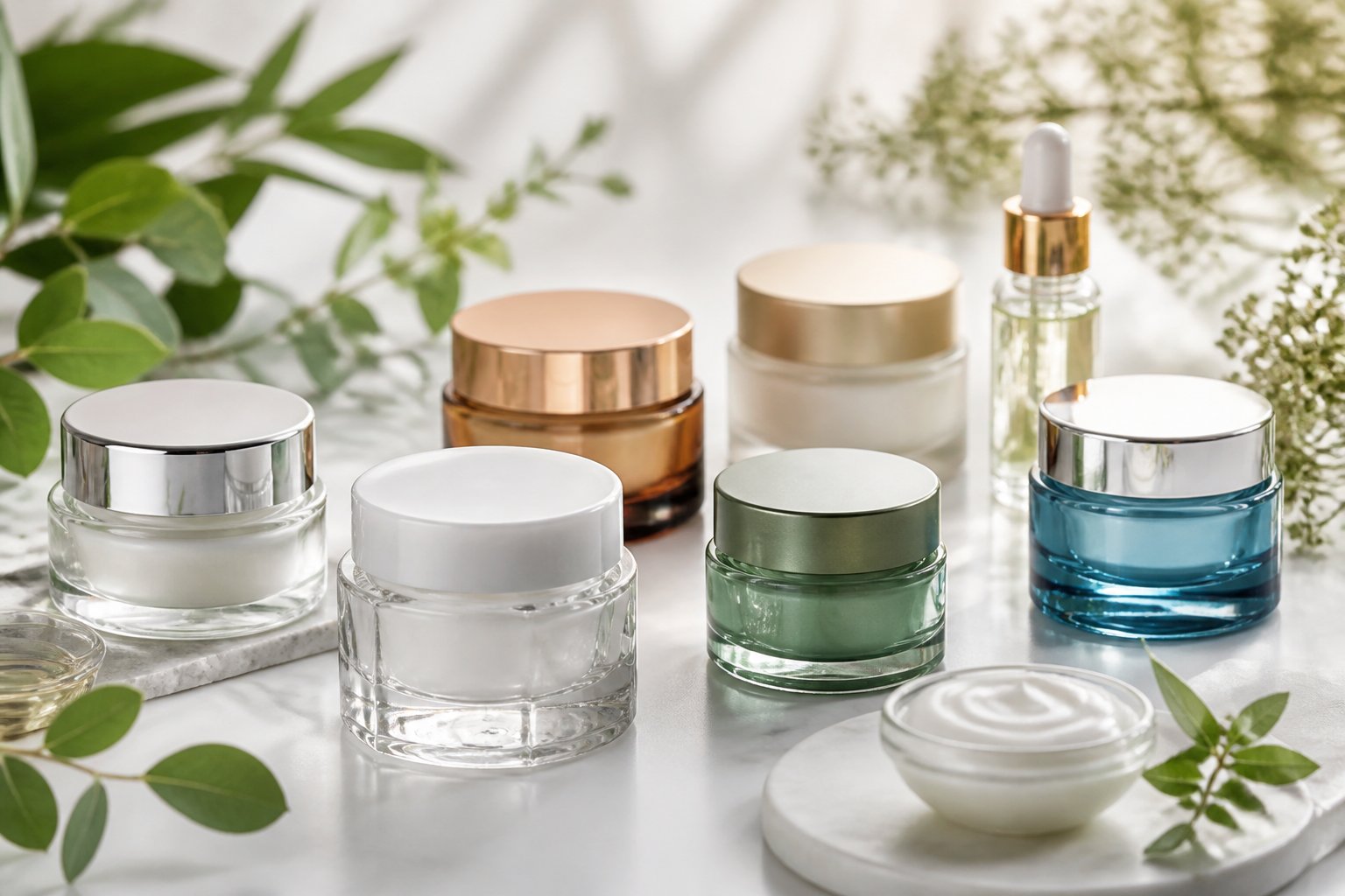 A collection of different glass cream jars for skincare displayed on a white surface with natural elements around them.