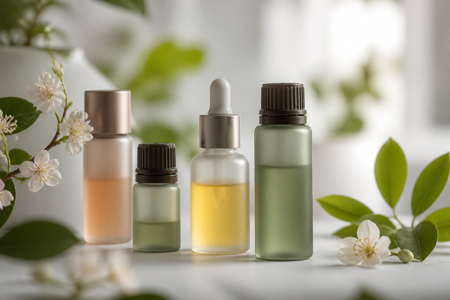 A set of modern essential oil bottles with advanced packaging displayed alongside green leaves and flowers on a white surface.