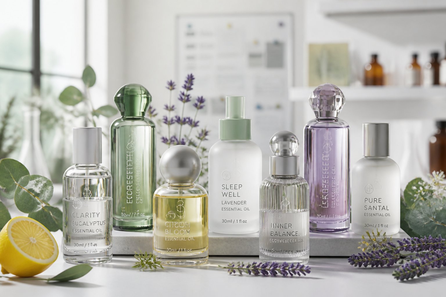 A collection of modern essential oil bottles with natural botanical elements arranged on a clean surface.