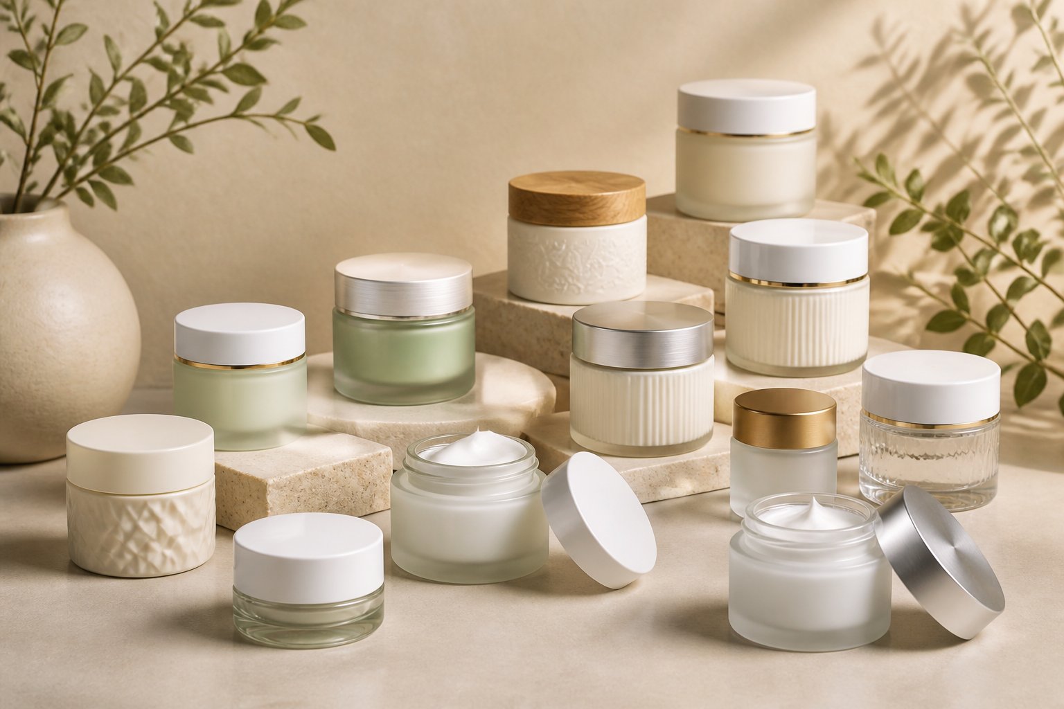A curated display of unbranded cosmetic cream jars in various materials, sizes, finishes, and decorative designs.